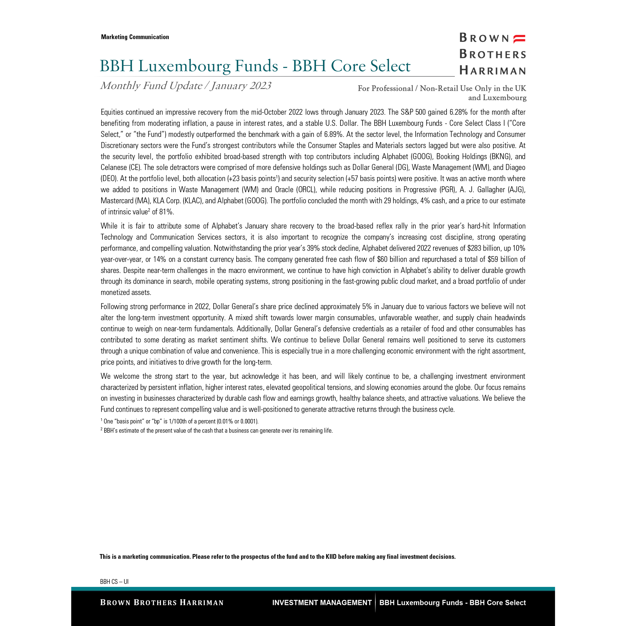 BBH Lux Core Select Monthly Update - Institutional - January 2023