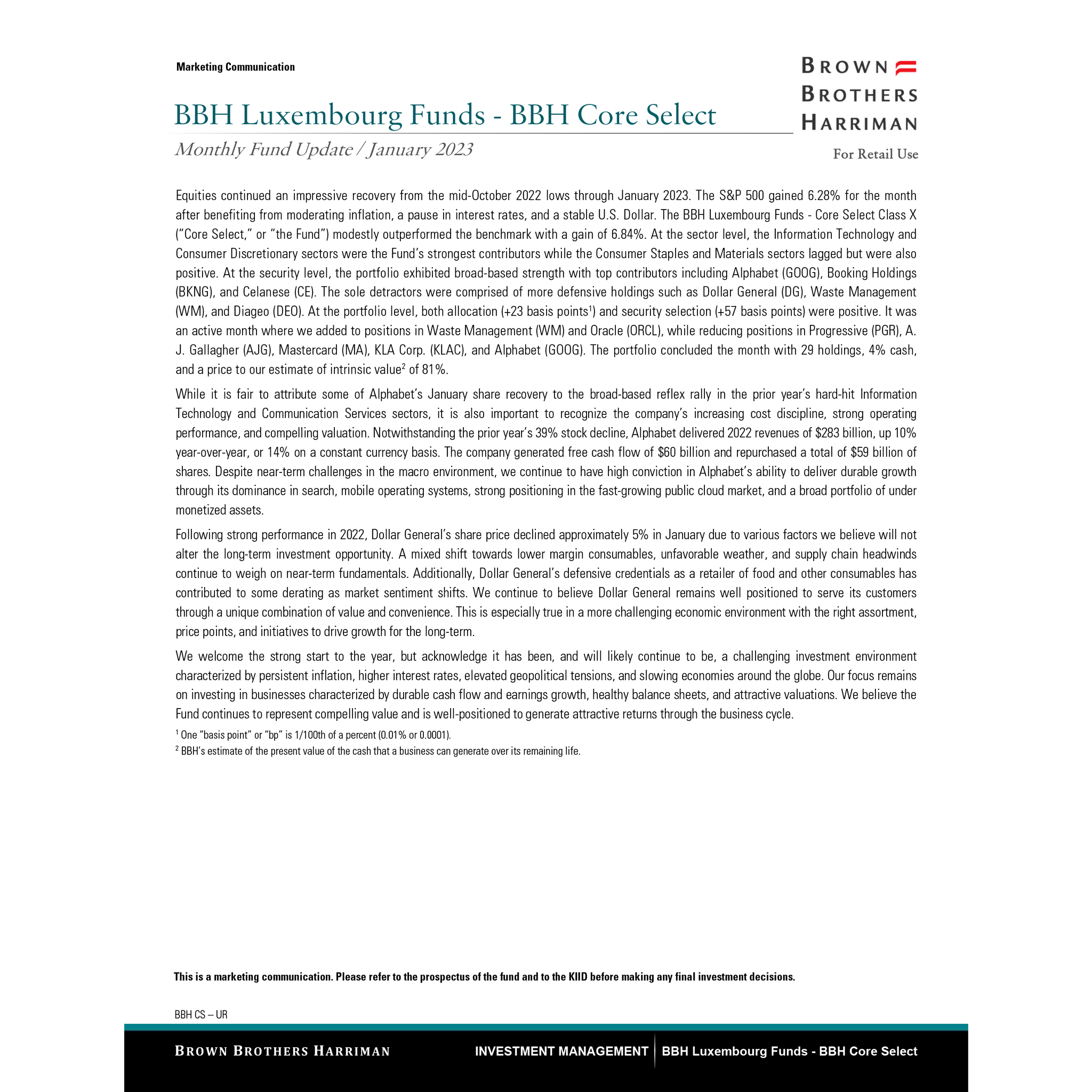 BBH Lux Core Select Monthly Update - Retail - January 2023