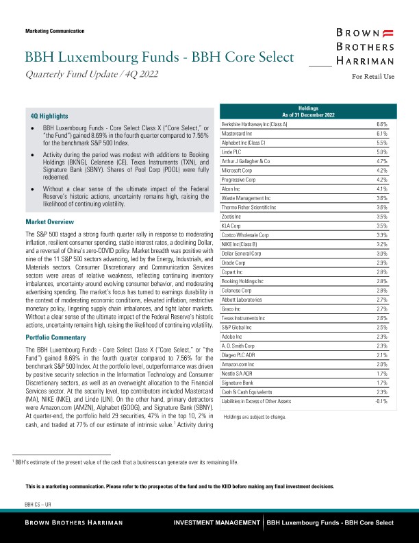 BBH Lux Core Select Quarterly Update - Retail - Q4 2022