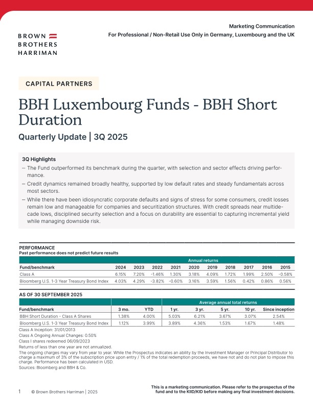 BBH Lux Short Duration Fund Quarterly Update - Q3 2025