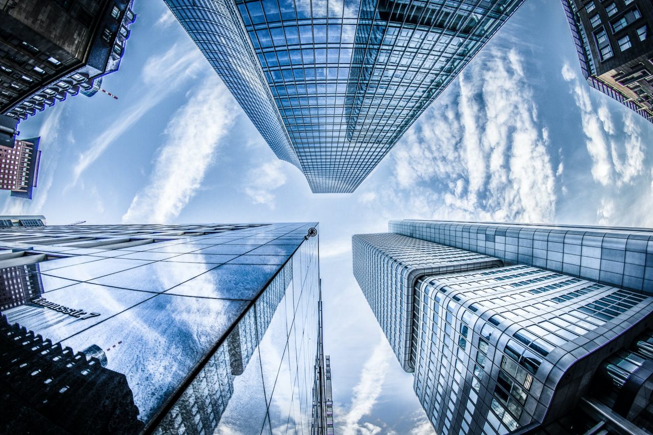 Upward view of skyscraper buildings