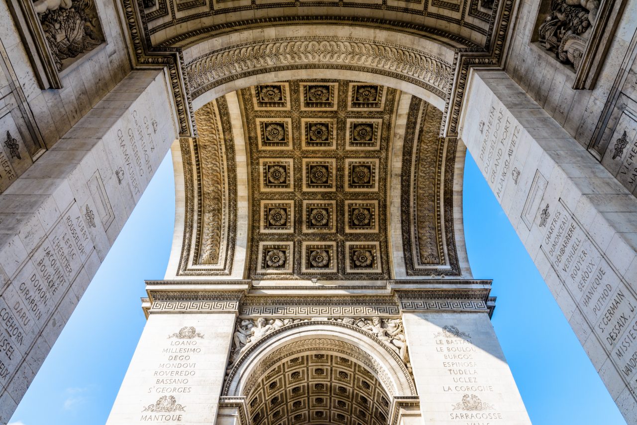 The vault of the Arc de Triomphe in Paris, France, seen from below.